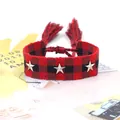 Pulsera tejida de cuadros rojos y negros con remaches de estrella y borlas plata - Cuadros Rojo Negro (49#)