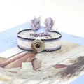 Pulsera tejida DIY con botón a presión, borlas moradas y patrón étnico de rayas - Blanco Morado Azul (16#)