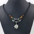 Ethnic multilayer wooden bead necklace with a vintage silver Indian chief head pendant - Indian Chief (HM2209-09) / Black