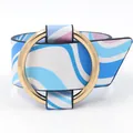 Adjustable metal ring bracelet with blue and pink wave pattern PU leather band - Wave Pattern C (Blue/White/Pink)