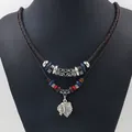 Men's double-layered tribal necklace with leather cord and Indian chief pendant - Indian Chief (HM2209-09) / Brown