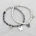 Magnetic butterfly charm bracelets set with silver metal chains and black leather ropes - Butterfly Pair
