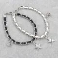Magnetic star pendant couple bracelets in black and white leather and metal chains - Star Pair