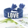 Adjustable dark blue braided bracelet with white LOVE embroidery and chic tassels - 21#