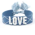 Adjustable blue woven bracelet with white 3D embroidered LOVE lettering and fringe - 22#