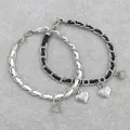 Magnetic heart pendant bracelets with woven leather and silver metal chains for couples - Heart Pair