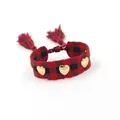 Handmade red and black plaid woven bracelet with three golden heart rivets and tassel - Gold Heart Rivets / Red and Black Plaid