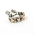 Handwoven friendship bracelet in black and grey plaid with gold heart charms and tassels - Gold Heart Rivets / Grey and Black Plaid