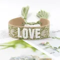 Green leopard woven heart bracelet with white LOVE 3D embroidery and adjustable fringe - Color 32