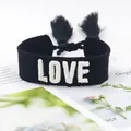 Adjustable black woven friendship bracelet with white 3D LOVE embroidery and tassels - Style 35 Navy Floral