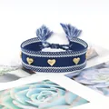 Handmade navy blue woven friendship bracelet with golden heart studs and tassels - Gold Heart Rivets / Blue White Texture (H-G-009)
