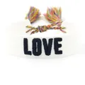White woven bracelet with black LOVE embroidery and colorful decorative tassels - Style 39 Pink Flamingo