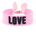 Adjustable pink woven friendship bracelet with bold black LOVE embroidery and fringe - Style 40 Yellow Floral