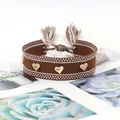 Brown and white woven friendship bracelet with golden heart rivets and tassel trim - Gold Heart Rivets / Brown and White Woven (H-G-016)