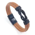 Brown braided leather bracelet with white stitching and black magnetic metal knot buckle - Brown