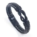Minimalist black braided leather bracelet for men featuring magnetic clasp and steel rings - Black