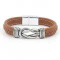 Brown braided leather bracelet for men with silver metal knot and magnetic clasp - Brown