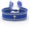 Ethnic blue embroidered friendship bracelet with silver cross pattern and tassels - Cross-1