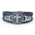 Retro punk black leather multi-layer bracelet with vintage cross medallion and metal beads - Black Multi-layer Cross Style / Black