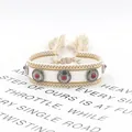 Bohemian hand-woven friendship bracelet with metal studs, red beads and fringe tassel cord - 19# (Gold and White Stripes)