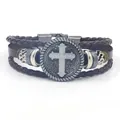 Retro punk multi-layer braided leather bracelet featuring a vintage cross metal charm - Brown Multi-layer Cross Style / Brown