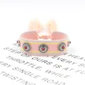 Detail of bohemian woven bracelet with metal studs, pink fringe and adjustable tie - 20# (Pink Blue and Yellow)
