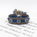 Pulsera tejida étnica azul marino con bordado amarillo, tachuelas de metal vintage y borlas - Azul Marino Y Amarillo (09#)