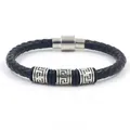 Herren Armband aus schwarzem geflochtenem Leder mit silbernen Meander-Ringen und Magnetverschluss - Schwarz