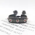 Bohemian braided bracelet in grey with silver metal studs and red beads with fringe - 10# (Taupe)