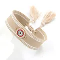 Boheems Evil Eye armband met rode geweven band, strass en kwastjes als details - Beige Golfpatroon (09#B)