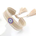 Ethnic woven Evil Eye bracelet with blue crystal charm and stylish beige tassels - Khaki Texture (08#B)