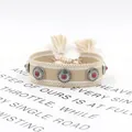 Bohemian beige woven friendship bracelet with silver studs, red beads and tassels - 13# (Beige)