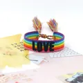 Rainbow woven friendship bracelet with embroidered LOVE text and colorful tassels - Style 67 Pink Floral