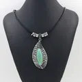 Bohemian zilveren blad hanger ketting met turkoois steen op zwart koord voor dames - Holle bladstijl