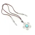 Bohemian leather choker with vintage metal flower pendant and turquoise stone inlay - Hollow Flower Style