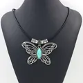 Etnische stijl vlinder hanger ketting met turquoise steen en zwart lederen koord - Hollow Butterfly Style 1