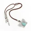 Ethnic butterfly pendant necklace with turquoise stone and brown leather cord - Hollow Butterfly Style 2