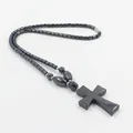 Hamatite kralenketting met gepolijste donkergrijze kruis hanger in minimalistische stijl - Kruis Stijl