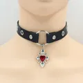 Punk black leather choker necklace with silver metal ring and heart cross pendant - Red Heart Cross Pendant (HM2403-09) / Red