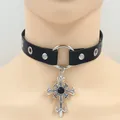 Punk black leather choker featuring a metal ring and thorns cross pendant with black stone - Black