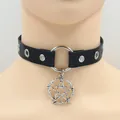 Punk black PU leather choker featuring silver O-ring and pentagram star pendant - Pentagram / Black