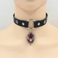 Gothic leather choker with silver grommets and red gemstone bat pendant necklace - Red