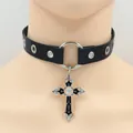 Gothic black leather choker with baroque cross pendant and silver O-ring accents - Black Cross Style