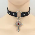 Gothic punk black leather choker with silver thorn cross and red gemstone pendant - Red