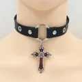 Punk leather choker with silver ring studs and a red engraved gothic cross pendant - Red Cross Style
