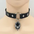 Vintage black leather choker necklace with bat pendant and silver ring for Halloween - Black