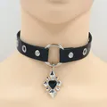 Gothic punk black PU leather choker with heart cross pendant and silver O-ring - Black Heart Radiant Pendant (HM2403-09) / Black