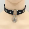 Gothic black leather choker featuring a silver spider web pendant and metal studs - Spider Web / Black