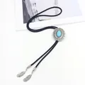 Western Bolo Tie with turquoise stone and feather pendants on black braided cord - Turquoise Style