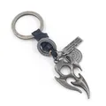 Vintage silver flame totem pendant keychain with braided leather strap and engraved metal tag - Antique Silver